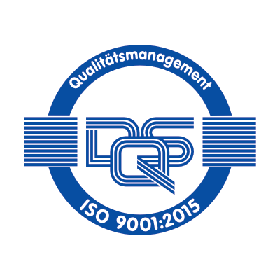 Blau-weißes Logo der ISO 9001:2015 Qualitätsmanagement-Zertifizierung mit DQS-Buchstaben innerhalb eines kreisförmigen Rahmens.