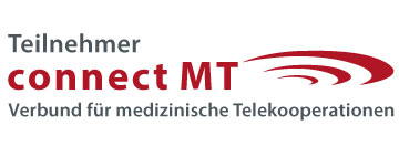 Logo mit dem Text "Teilnehmer connect MT Verbund für medizinische Telekooperationen" und einer roten geschwungenen Form rechts von "connect MT".