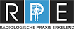 Logo der Radiologischen Praxis Erkelenz mit den Buchstaben "R", "P" und "E". Das "P" enthält die Abbildung einer menschlichen Figur mit einer sichtbaren Röntgenaufnahme des Brustkorbs.